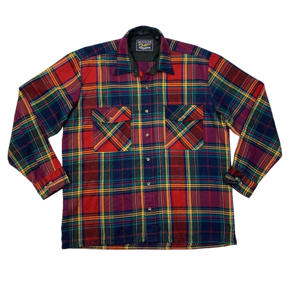 Vintage Backpacker Shirt Men L Large Red Plaid Flannel Long Sleeve Lined Outdoor